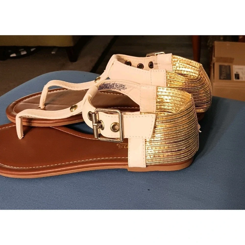 Palms Size 7.5 White And Gold Ankle Adjustable‎ Summer Sandal Shoes Flat